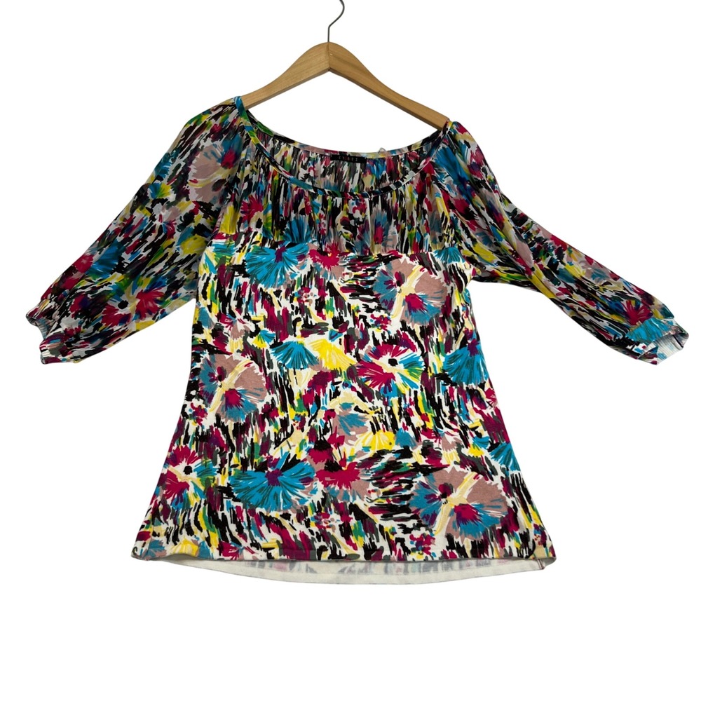 Cyrus Womens Multi Color Abstract Floral Mesh Empire Waist Top 3/4 Sleeve XL